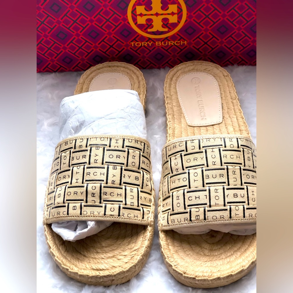 Tory Burch Logo Woven Ribbon Espadrille Slide Sandal